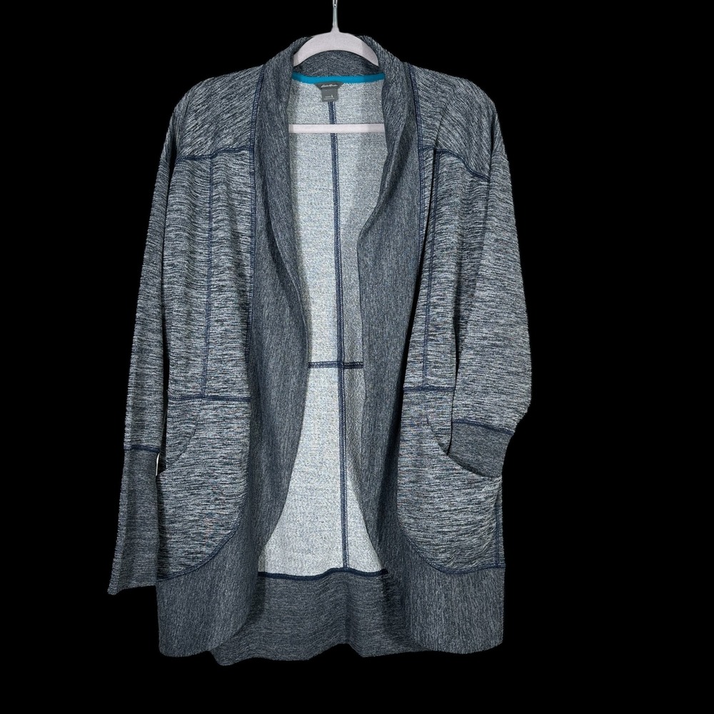 Eddie Bauer Womens Blue Space Dye Open Front Cardigan Thumbhole Pockets Large